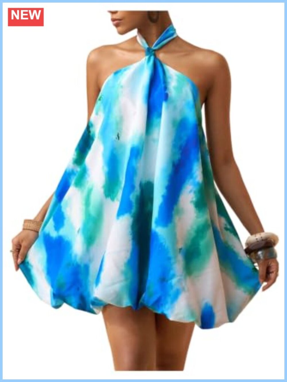 Women's Halter Bubble Mini Dress Backless Tie Dye Summer Beach Vacation